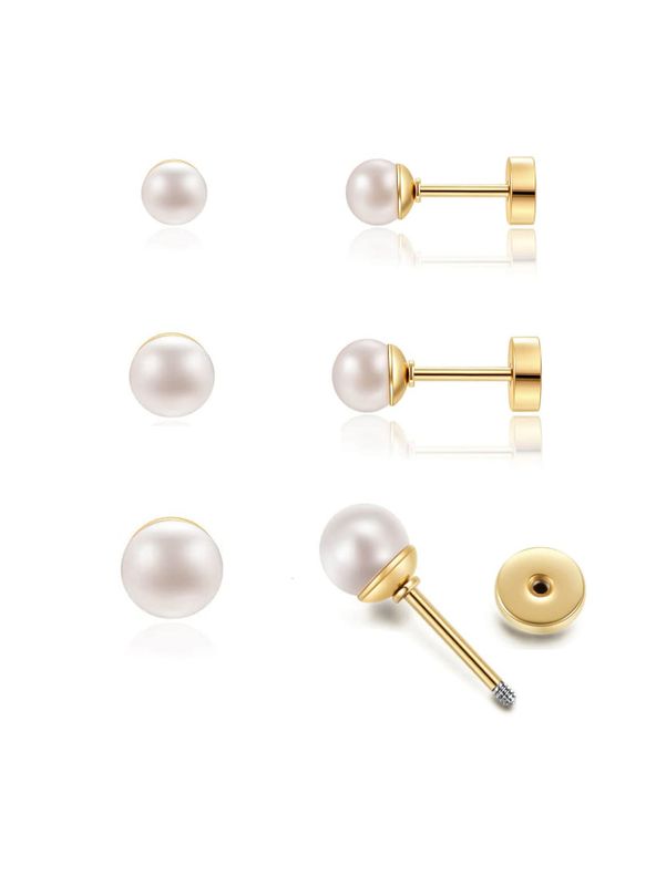 3 Pairs Simple Style Round Plating Inlay 304 Stainless Steel Artificial Pearls 14K Gold Plated Ear Studs