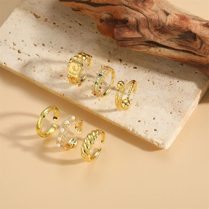 Vintage Style Simple Style Commute Solid Color Copper Plating Inlay Artificial Pearls Zircon 14k Gold Plated Open Rings