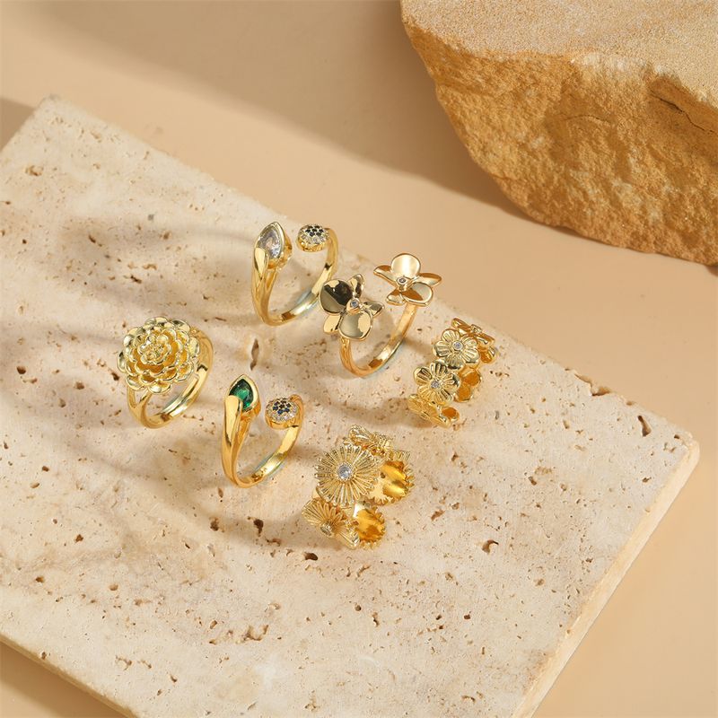 Vintage Style Simple Style Commute Flower Copper Plating Inlay Zircon 14k Gold Plated Open Rings
