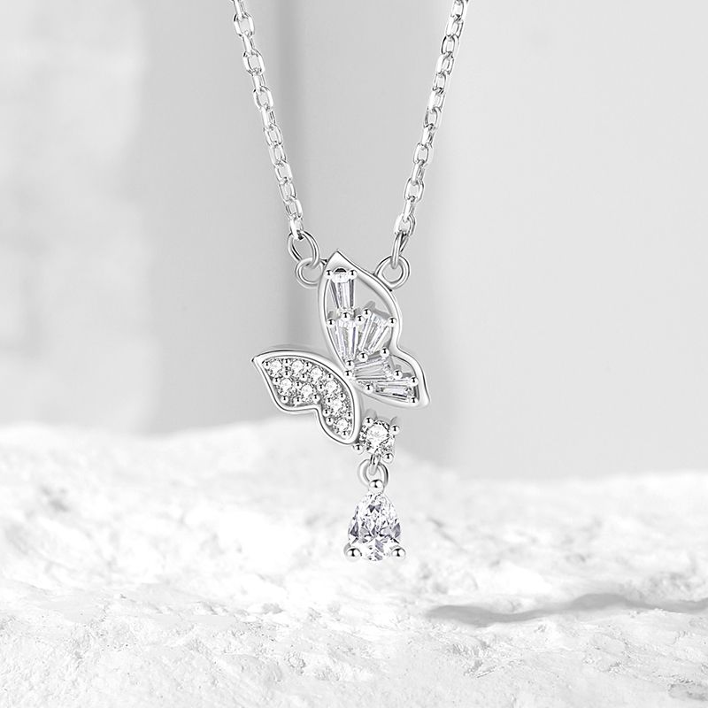 Casual Modern Style Commute Water Droplets Butterfly Sterling Silver Polishing Plating Inlay Zircon Pendant Necklace