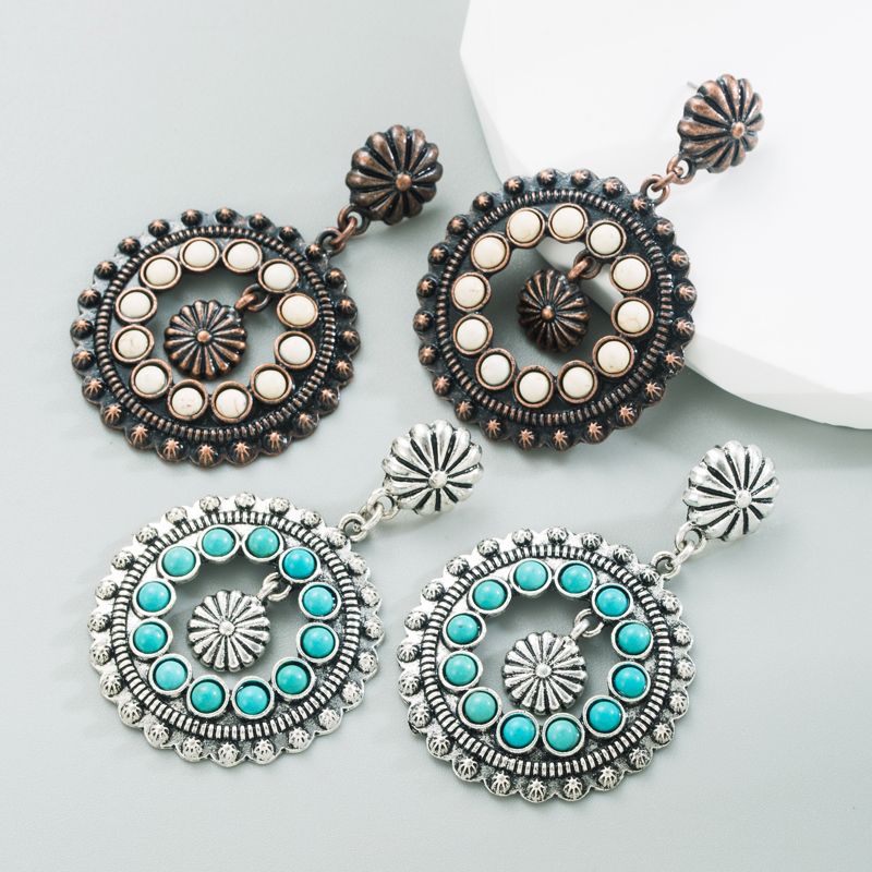 1 Pair Retro Ethnic Style Geometric Round Plating Inlay Alloy Turquoise Drop Earrings