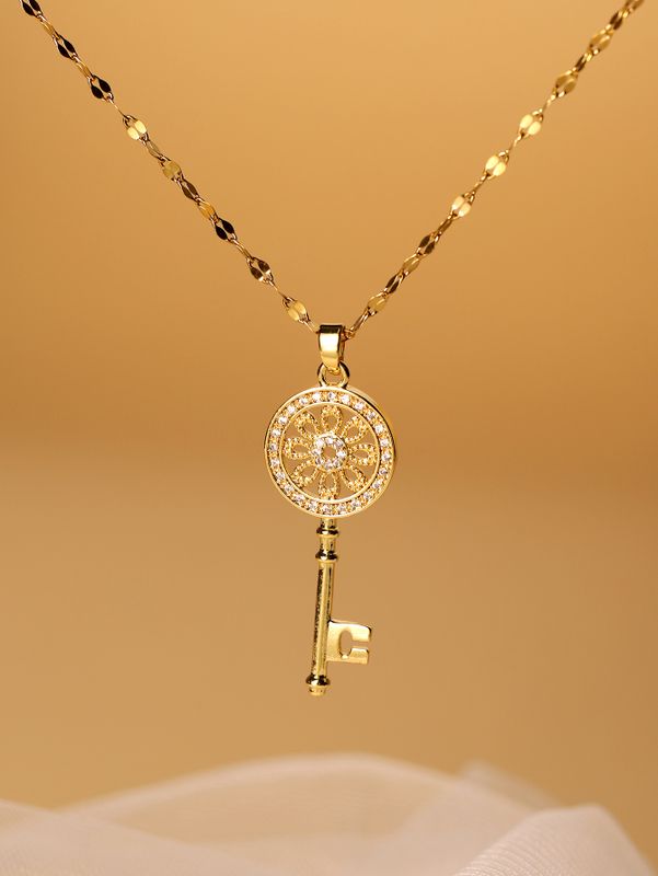 Simple Style Key Stainless Steel Plating Hollow Out Inlay Zircon 18k Gold Plated Pendant Necklace