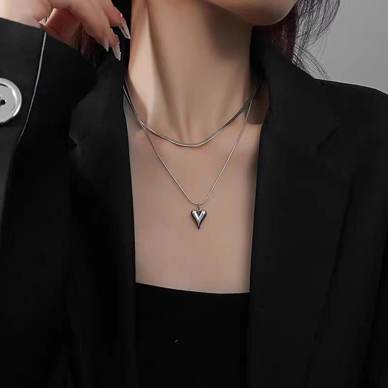 Sweet Cool Style Heart Shape Stainless Steel Double Layer Necklaces