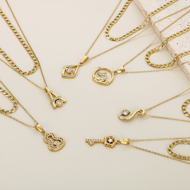 Stainless Steel 18K Gold Plated Simple Style Plating Hollow Out Inlay Tower Gourd Key Zircon Double Layer Necklaces