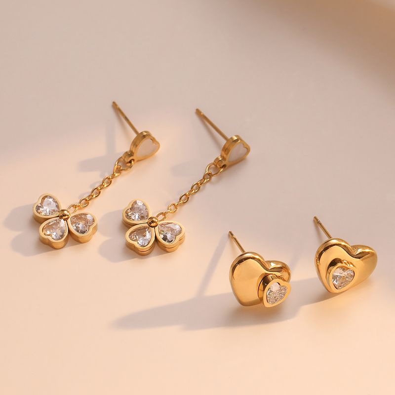 1 Pair Simple Style Heart Shape Plating Inlay 304 Stainless Steel Zircon 18K Gold Plated Drop Earrings Ear Studs