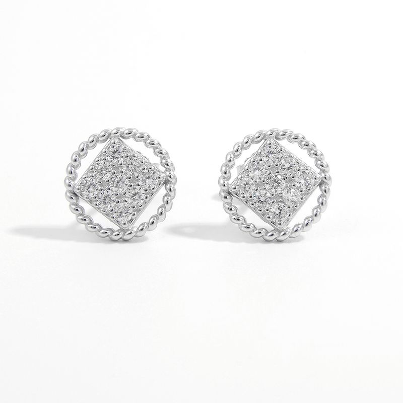 1 Pair Simple Style Circle Rhombus Twist Plating Inlay Sterling Silver Zircon White Gold Plated Rhodium Plated Ear Studs