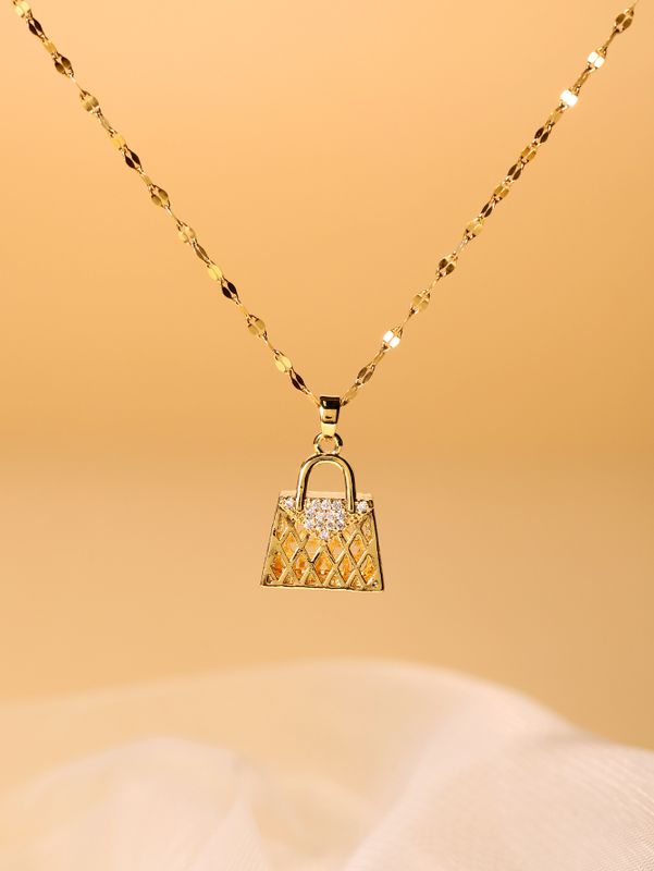 Elegant Bag Stainless Steel Inlay Zircon 18k Gold Plated Pendant Necklace