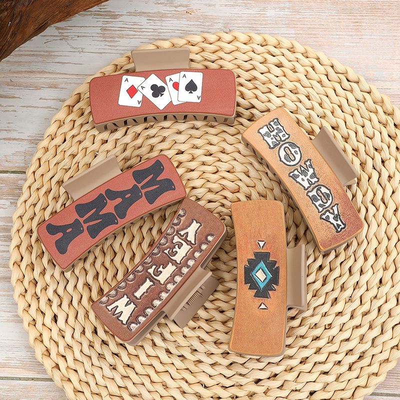 Women's Vintage Style Letter Poker Pu Leather Plastic Hair Claws
