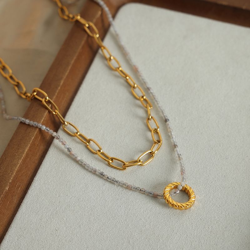 Simple Style Circle Natural Stone Titanium Steel Beaded Plating 18k Gold Plated Double Layer Necklaces