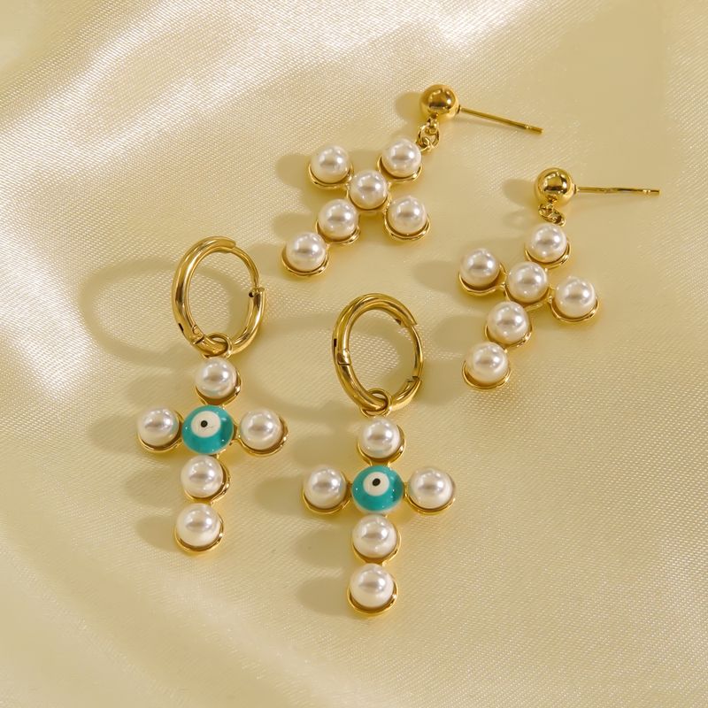 1 Pair Elegant Simple Style Cross Plating Inlay 304 Stainless Steel Pearl 14K Gold Plated Drop Earrings