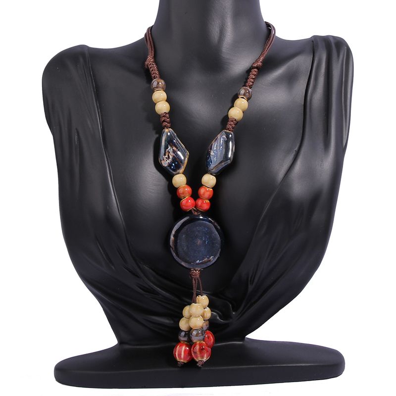 Retro Ethnischer Stil Geometrisch Keramik Perlen Quaste Flechten Frau Lange Halskette