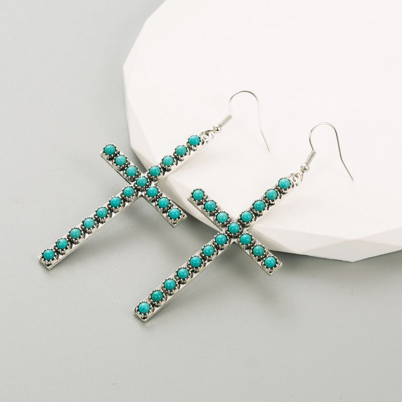 1 Pair Elegant Cross Oval Plating Inlay Alloy Turquoise Silver Plated Ear Hook