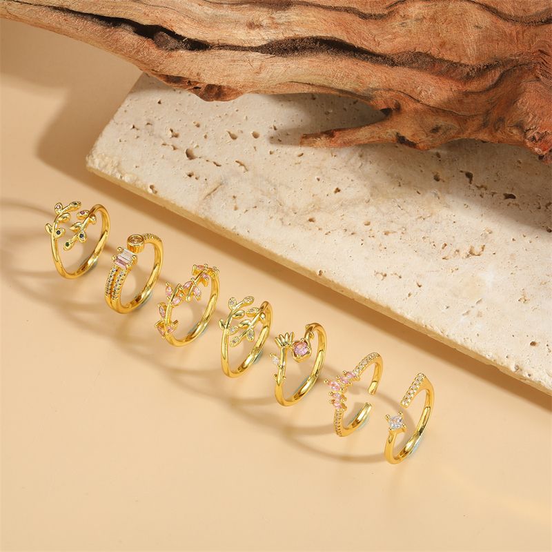 Vintage-stil Einfacher Stil Pendeln Blätter Kupfer Überzug Inlay Zirkon 14 Karat Vergoldet Offener Ring