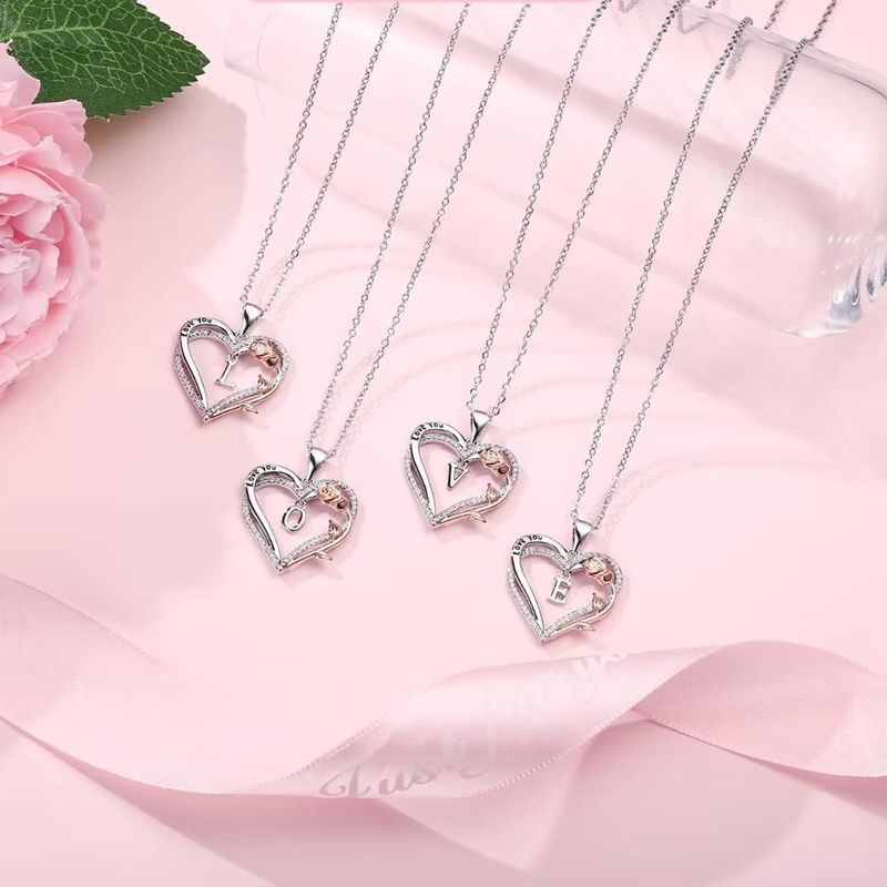 Romantic Letter Heart Shape Rose Stainless Steel Copper Plating Inlay Zircon 14k Gold Plated Pendant Necklace