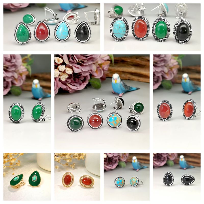 1 Pair Retro Ethnic Style Geometric Inlay Metal Artificial Gemstones Natural Stone Gold Plated Silver Plated Ear Cuffs