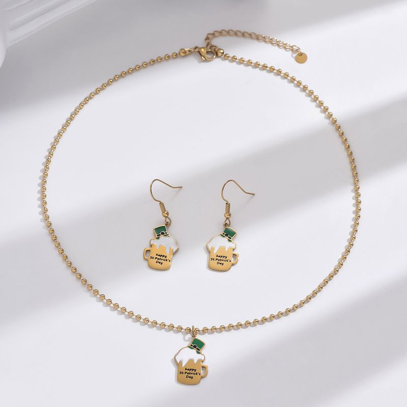 304 Stainless Steel 14K Gold Plated Classic Style Enamel Plating Beer Hat Wine Glass Earrings Necklace