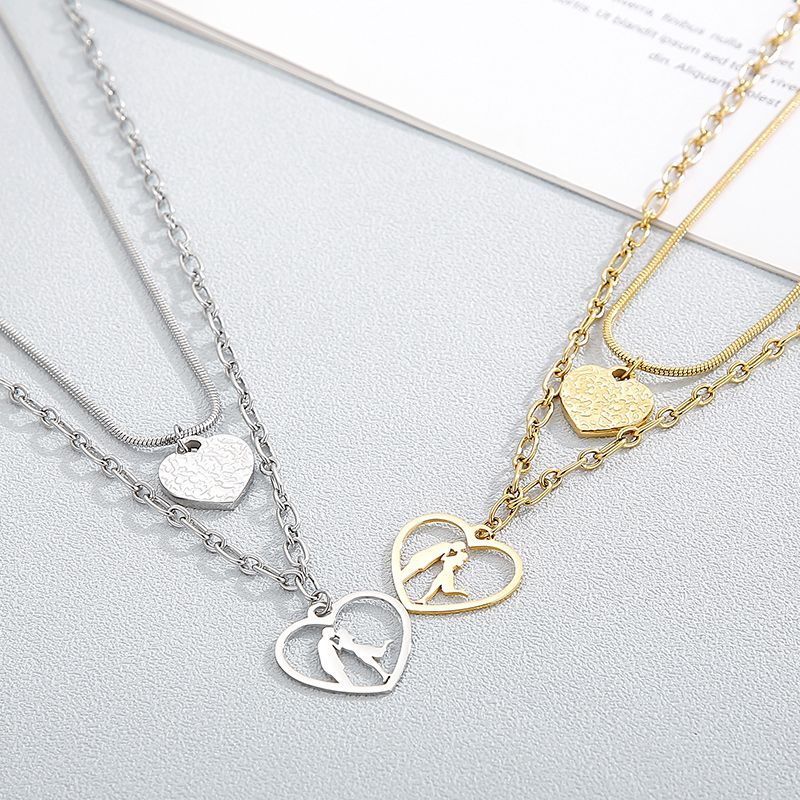 Titanium Steel 18K Gold Plated Simple Style Korean Style Hollow Out Heart Shape Double Layer Necklaces
