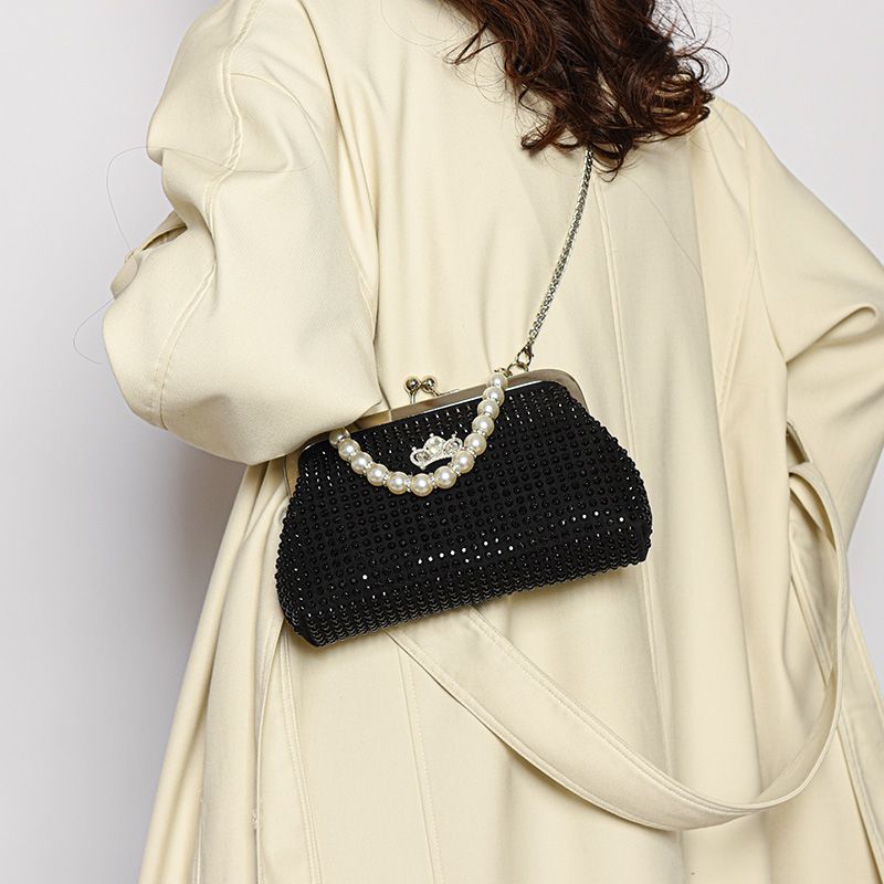 Women's Alloy Polyester Solid Color Classic Style Beading Shell Clipped Button Shoulder Bag
