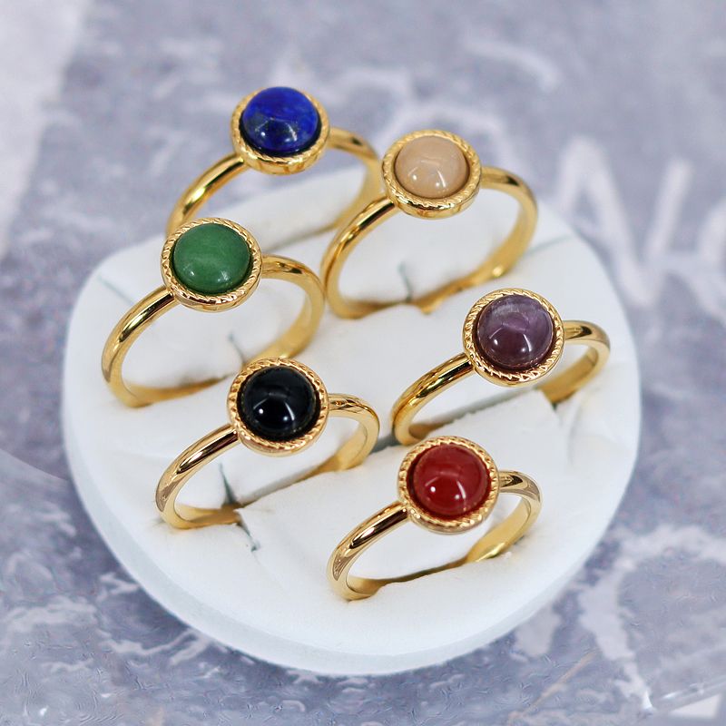 304 Stainless Steel 18K Gold Plated Simple Style Plating Inlay Round Natural Stone Agate Rings