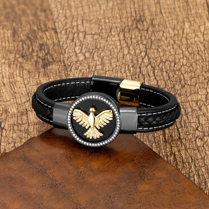 Luxurious Punk Animal Stainless Steel Pu Leather Copper Plating Inlay Natural Stone Zircon Men's Bracelets