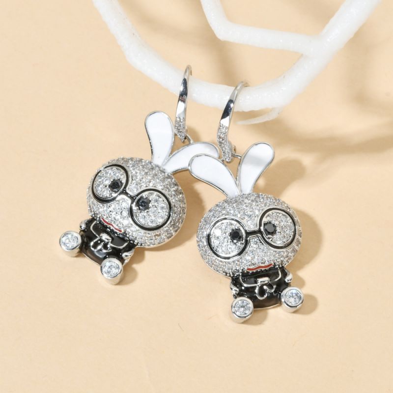 1 Pair Cute Rabbit Enamel Plating Inlay Copper Zircon White Gold Plated Drop Earrings
