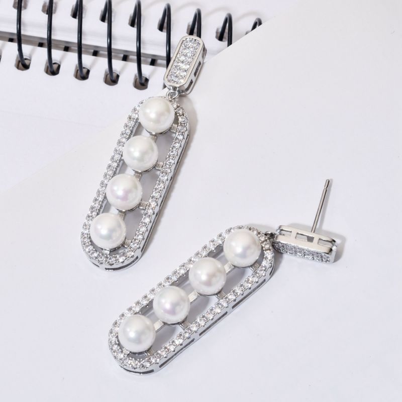 1 Paire Luxueux Brillant Ovale Placage Incruster Le Cuivre Perle Zircon Or Blanc Plaqué Boucles D'oreilles