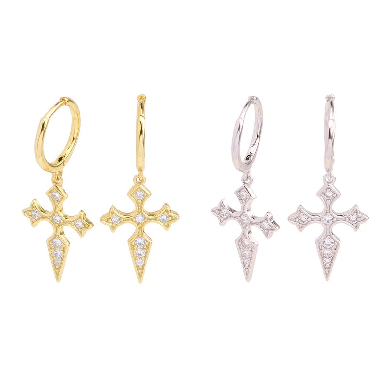 1 Pair Elegant Cross Inlay Sterling Silver Zircon Drop Earrings