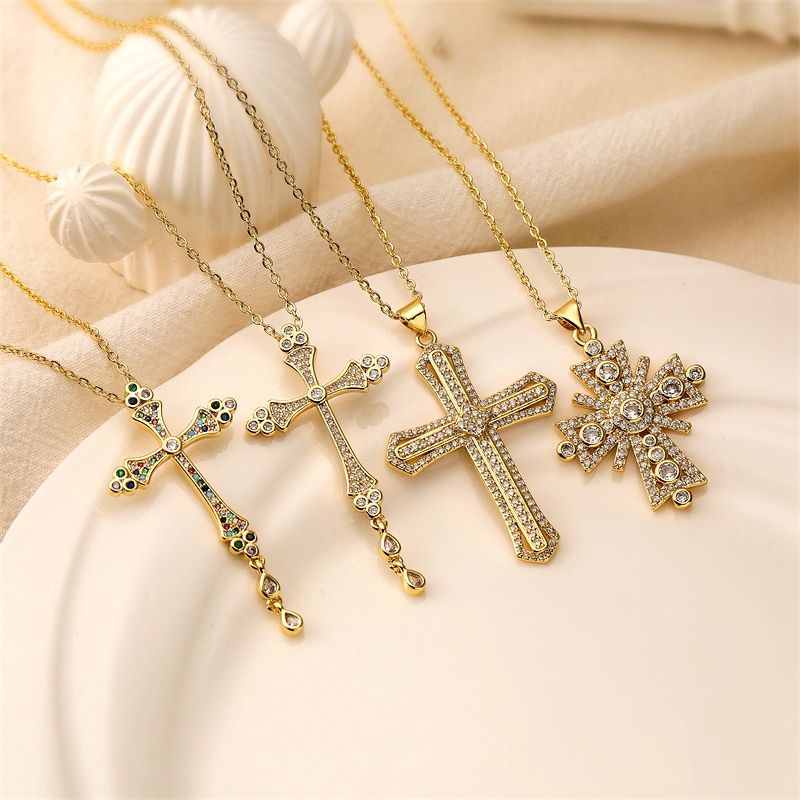 Ig-stil Einfacher Stil Kreuzen Kupfer Überzug Inlay Zirkon Vergoldet Halskette Mit Anhänger