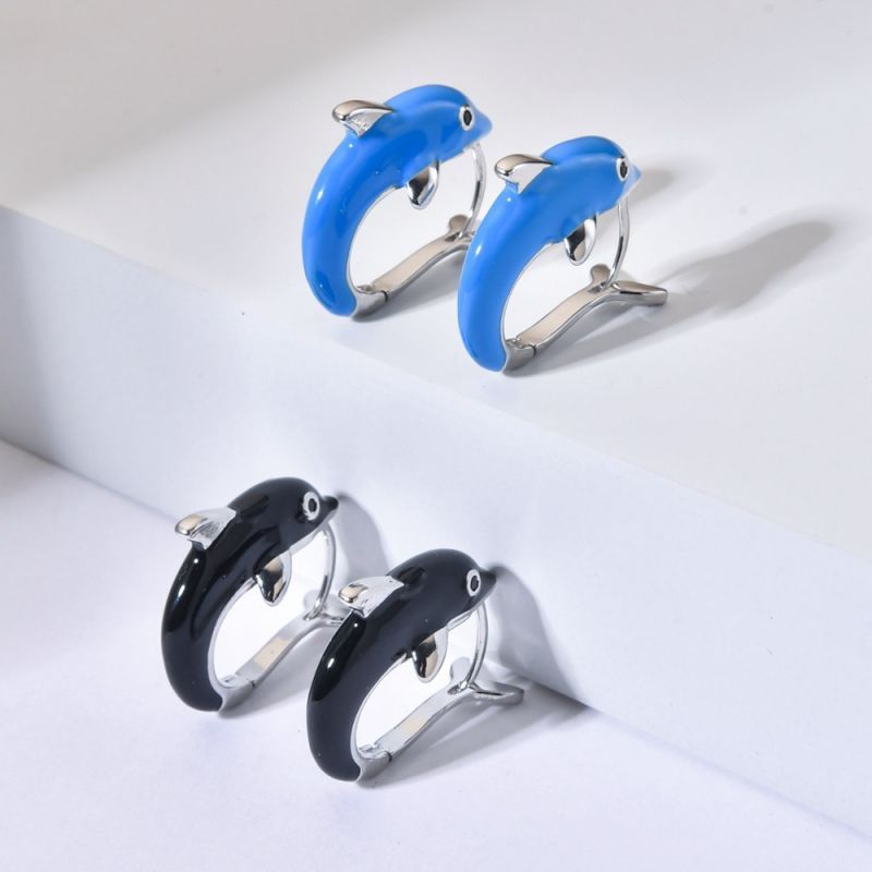 1 Pair Cute Dolphin Enamel Plating Copper White Gold Plated Earrings