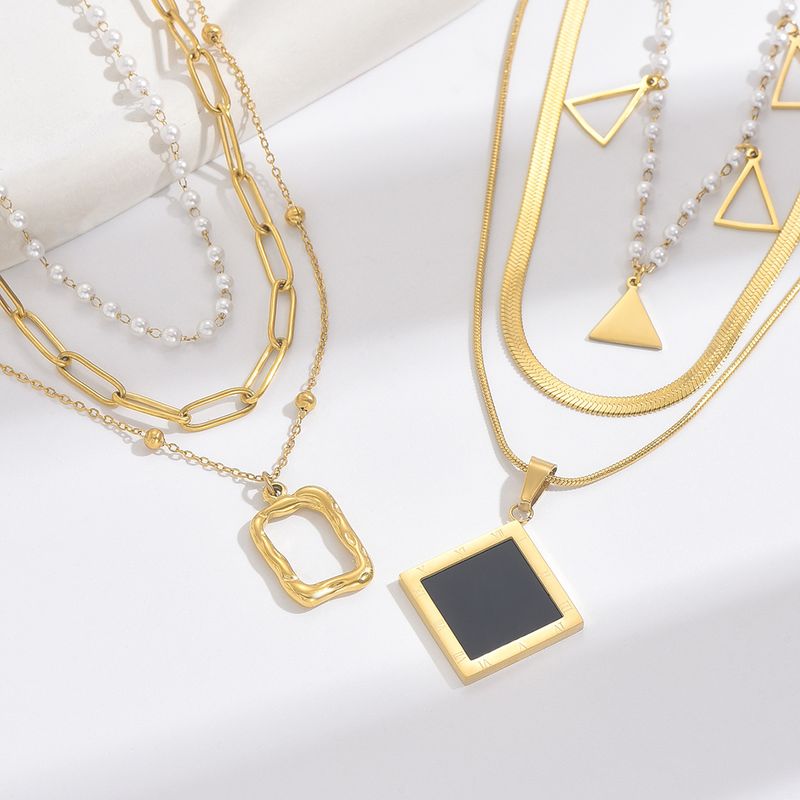 304 Stainless Steel 14K Gold Plated Elegant Simple Style Roman Style Pearl Plating Inlay Triangle Square Roman Numeral Acrylic Three Layer Necklace