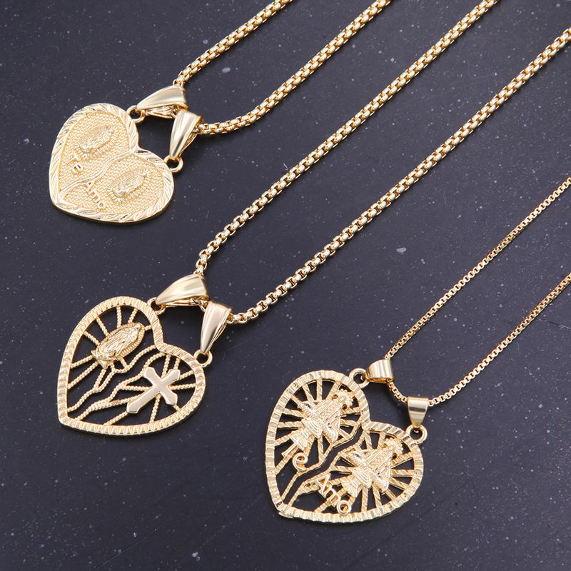 Ig Style Streetwear Cross Virgin Mary Heart Shape Copper Indentation Polishing Plating 18k Gold Plated Pendant Necklace