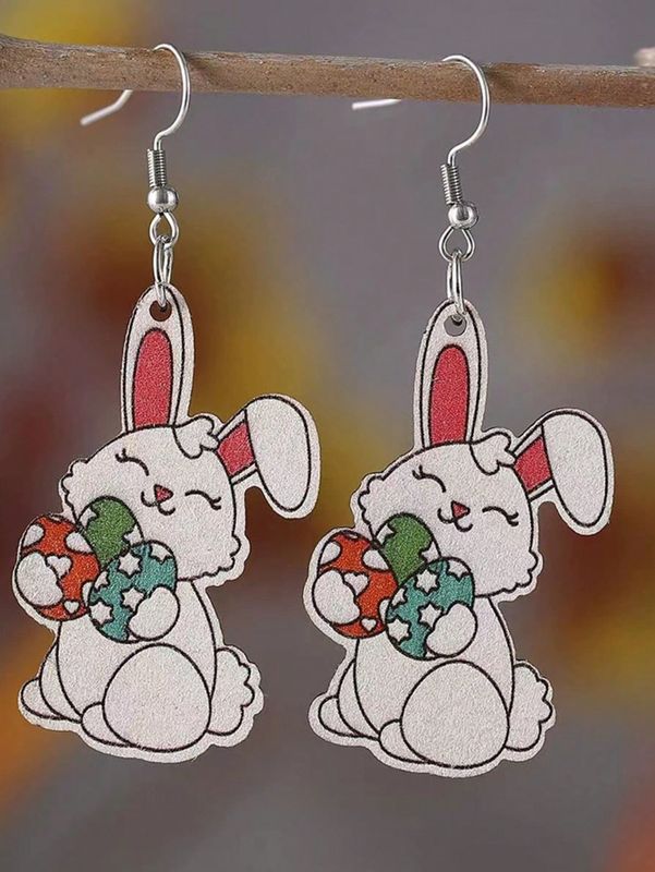 1 Pair Cute Rabbit Printing Wood Drop Earrings