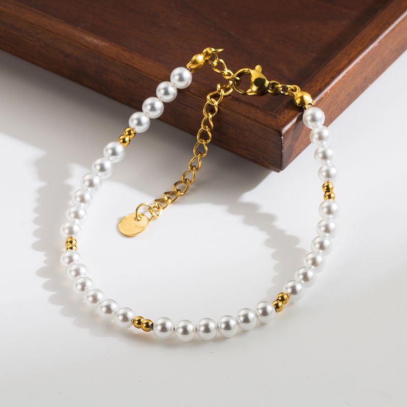 Élégant Style Classique Rond Acier Inoxydable Shell Perles Perlé Placage Plaqué Or 18k Femmes Bracelets Collier
