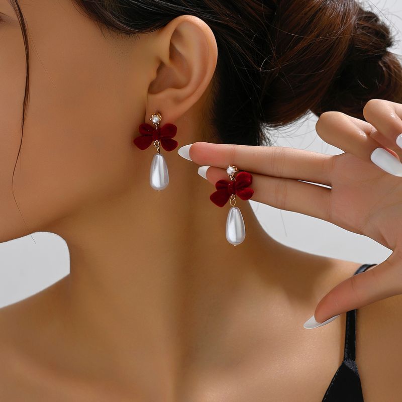 1 Pair Elegant Romantic Bow Knot Arylic Flocking Drop Earrings