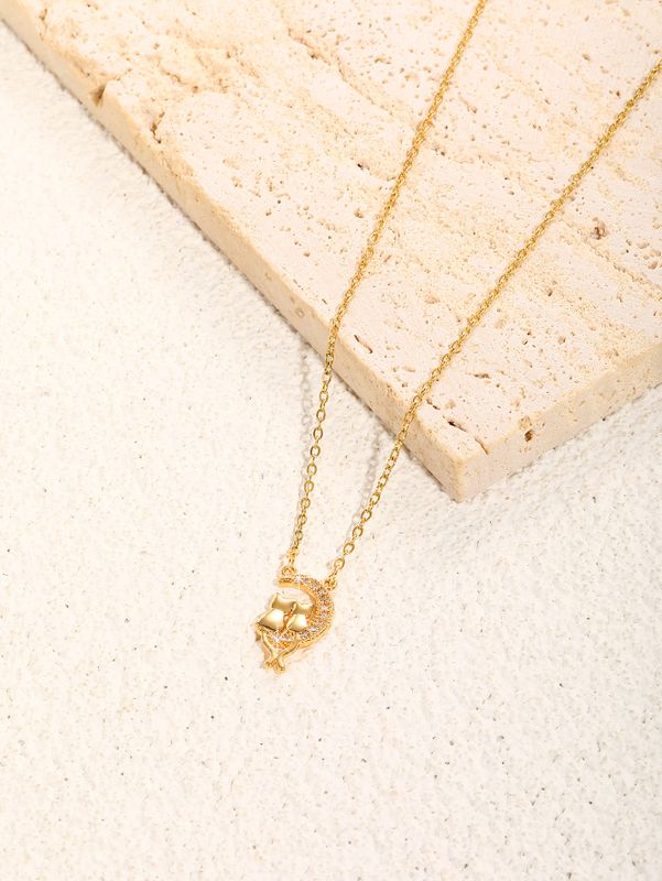 Cute Simple Style Moon Cat Rhombus Copper Plating Inlay Zircon 18k Gold Plated Pendant Necklace