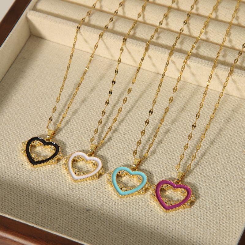 Elegant Simple Style Heart Shape Titanium Steel Copper Enamel Plating Inlay Zircon 18k Gold Plated Pendant Necklace