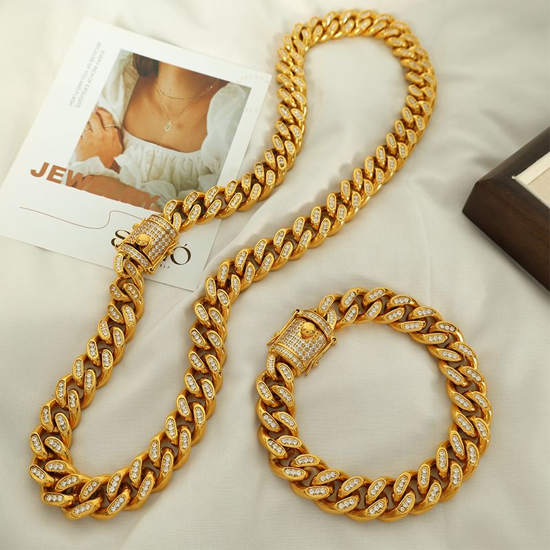 Elegant Formal Simple Style Round Titanium Steel Plating Inlay Zircon 18k Gold Plated Bracelets Necklace