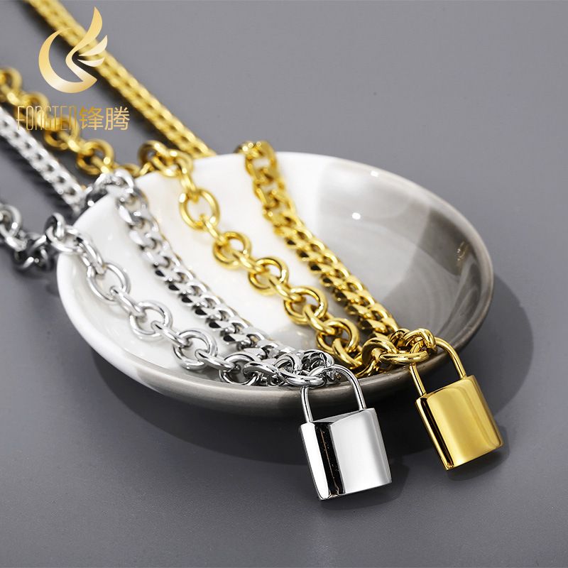 Titanium Steel 18K Gold Plated Hip-Hop Plating Lock Bracelets Necklace