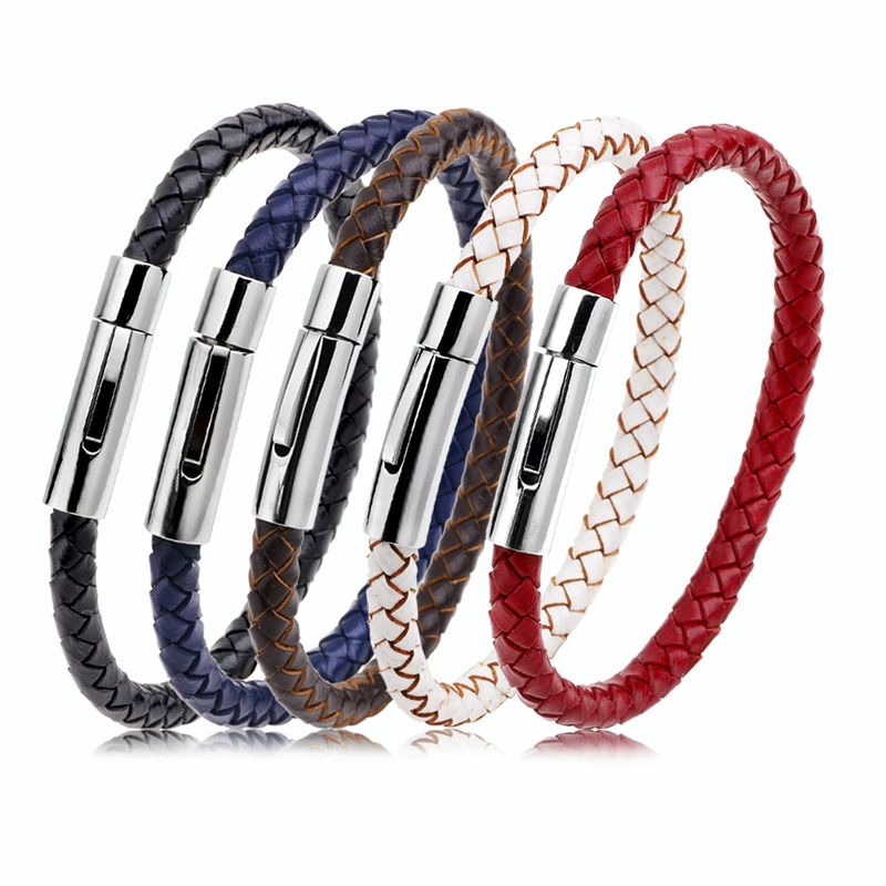 Simple Style Solid Color Stainless Steel Leather Knitting Women's Wristband