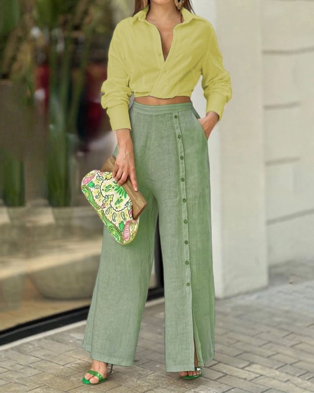 A Diario Mujeres Casual Elegante Color Sólido Lino Botón Conjuntos De Pantalones Conjuntos De Pantalones