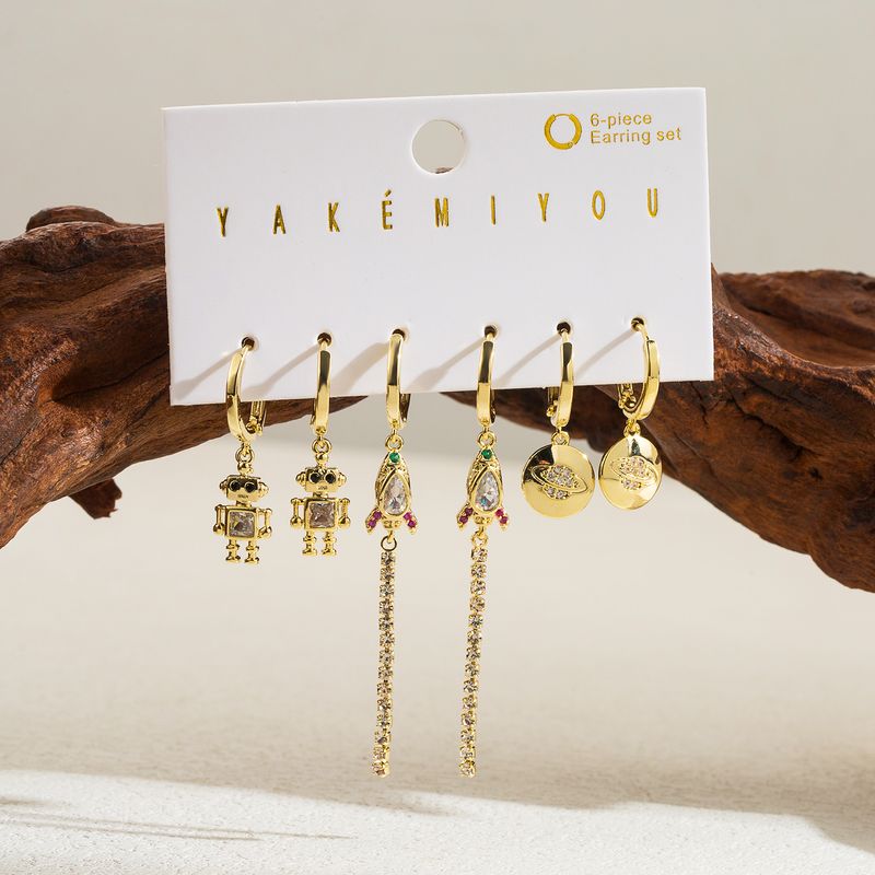 Yakemiyou Hip-hop Funny Robot Rocket Copper 14k Gold Plated Zircon Drop Earrings In Bulk