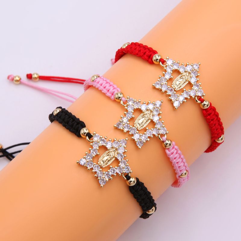 Glam Simple Style Virgin Mary Star Rope Copper Knitting Plating Inlay Zircon 18k Gold Plated Women's Drawstring Bracelets