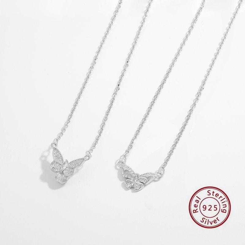 Elegant Sweet Butterfly Sterling Silver Plating Inlay Zircon White Gold Plated Rhodium Plated Pendant Necklace