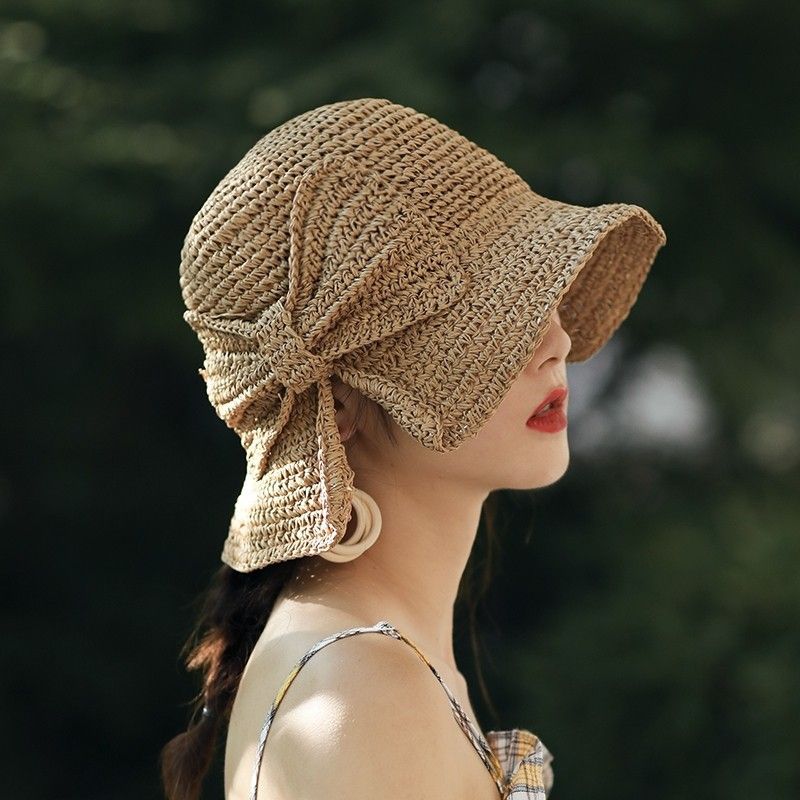 Women's Pastoral Solid Color Bowknot Wide Eaves Straw Hat