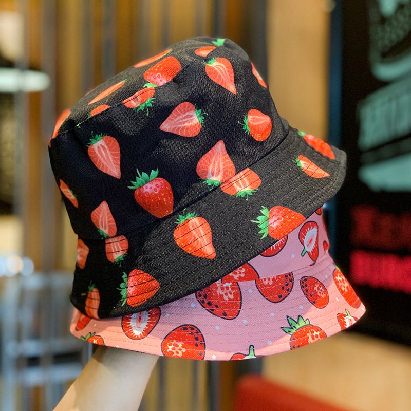 Women's Cute Pastoral Strawberry Printing Wide Eaves Bucket Hat
