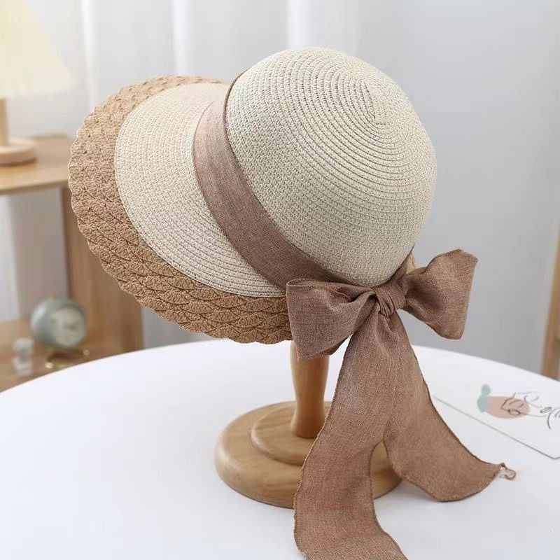 Women's Retro Vacation Sweet Color Block Bowknot Wide Eaves Straw Hat