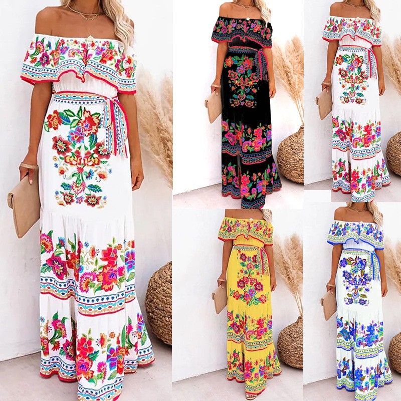 Women's Swing Dress Vintage Style Off Shoulder Printing Short Sleeve Flower Maxi Long Dress Daily Party