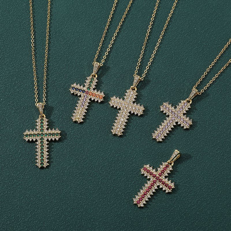 Simple Style Cross Copper Inlay Zircon Pendant Necklace