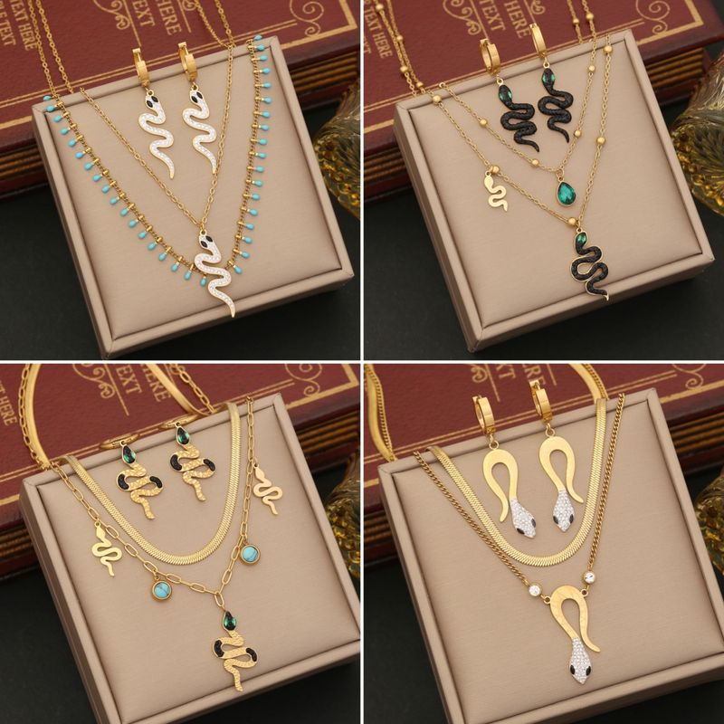 Wholesale Commute Snake 304 Stainless Steel Copper Inlay 18K Gold Plated Artificial Diamond Layered Necklaces