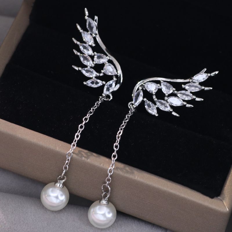 1 Par Elegante Copo De Nieve Enchapado Embutido Cobre Perlas Artificiales Diamante Artificial Plateado Pendientes De Gota